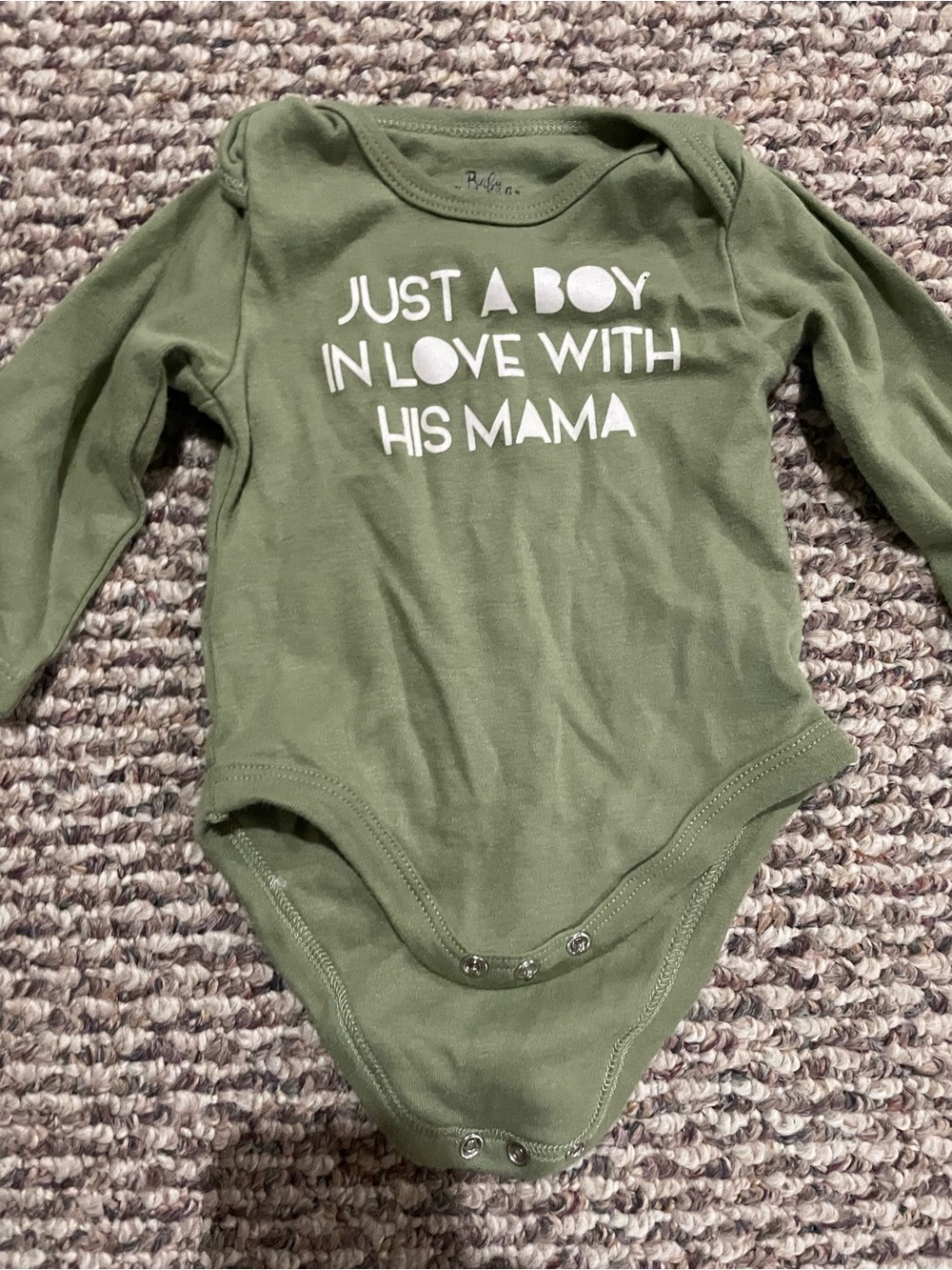 Baby Essentials Olive Green Long Sleeve Onesie with White Text